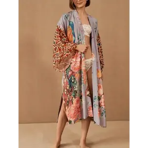 Women’s long open-neck beach tie-up hoodie with peacock pattern positioning print, vacation sun protection, cardigan collar fabric, floral design