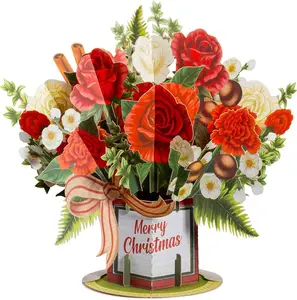 Paper Love Merry Christmas Flower Bouquet Pop Up Card 10"x7" Laser-Cut Red & White Roses Cinnamon Sticks Ornaments Premium Cardstock Gift