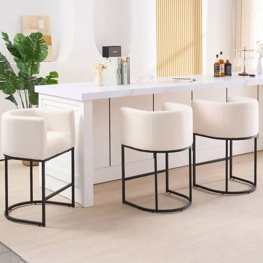 [Bar Stools]27" Counter Height Bar Stool 3 Pcs - Modern Barrel Design With Ergonomic Backrest & Armrests, Linen Upholstery & Sturdy Black Metal Frame For Kitchen Island, Breakfast Bar, Home Decor, Beige Adjustable Faux Leather Set tall console table