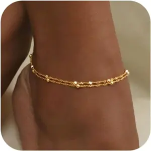 Waterproof Stainless Steel Anklet Bracelet for Women - Matte Finish Elegant Minimalist Design, Beach-Friendly Jewelry for Daily Wear, Vacations & Valentine's Day Gifts, All-Season Versatile Accessory Adjustable Heart Rate Couples Set yellow
