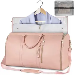 Bags for Travel with Garment & Shoe Compartment,Waterproof & Breathable,Large PU Leather Foldable Travel Bag with Shoe Pouch, 2 in 1 Hanging Suitcase Dress Suit Travel Bags, Pink