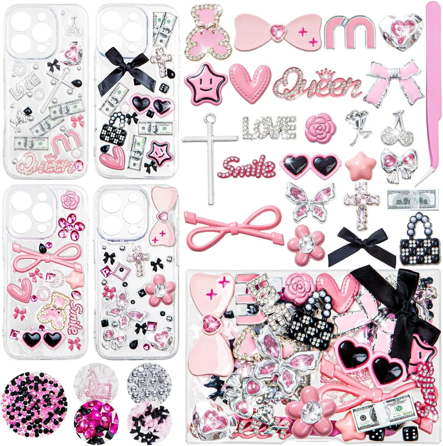 RQAYE DIY Case Beading Kit - Handmade Gifts Supplies for Family with Cute Bow, Flatback Pearls, Letter Beads, Acrylic Resin Pieces, Fashionable Charms, Diy Beading Accessories, Perfect Gift for Personalized Case Customization, Beads Set, Handmade Beads St