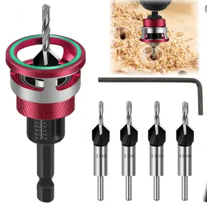 Adjustable Countersink Drill Bit Set with No-Scratch Depth Stop, 4 Pcs HCS Quick Change Hex Shank Wood Drilling Bits with L-Wrench for Professional Carpenters outdoorfun fathersdaygift