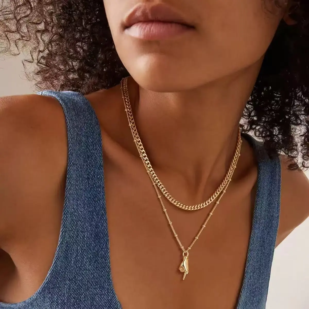 Gold Hand Necklace Set for Women, 5 Styles Dainty Hand Gesture Pendant Necklaces, 14K Gold Plated Beaded Chain, Jewelry Gifts for Her