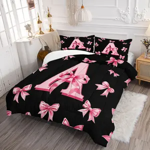2/3Pcs Preppy Coquette Initial A-Z Comforter Set, Cute Pink Bow Print Quilt Bedding Set with Pillowcases, Black and Pink Girly Bedding for Girls Teens Kids, Bedroom Dorm Room Aesthetic Home Decor
