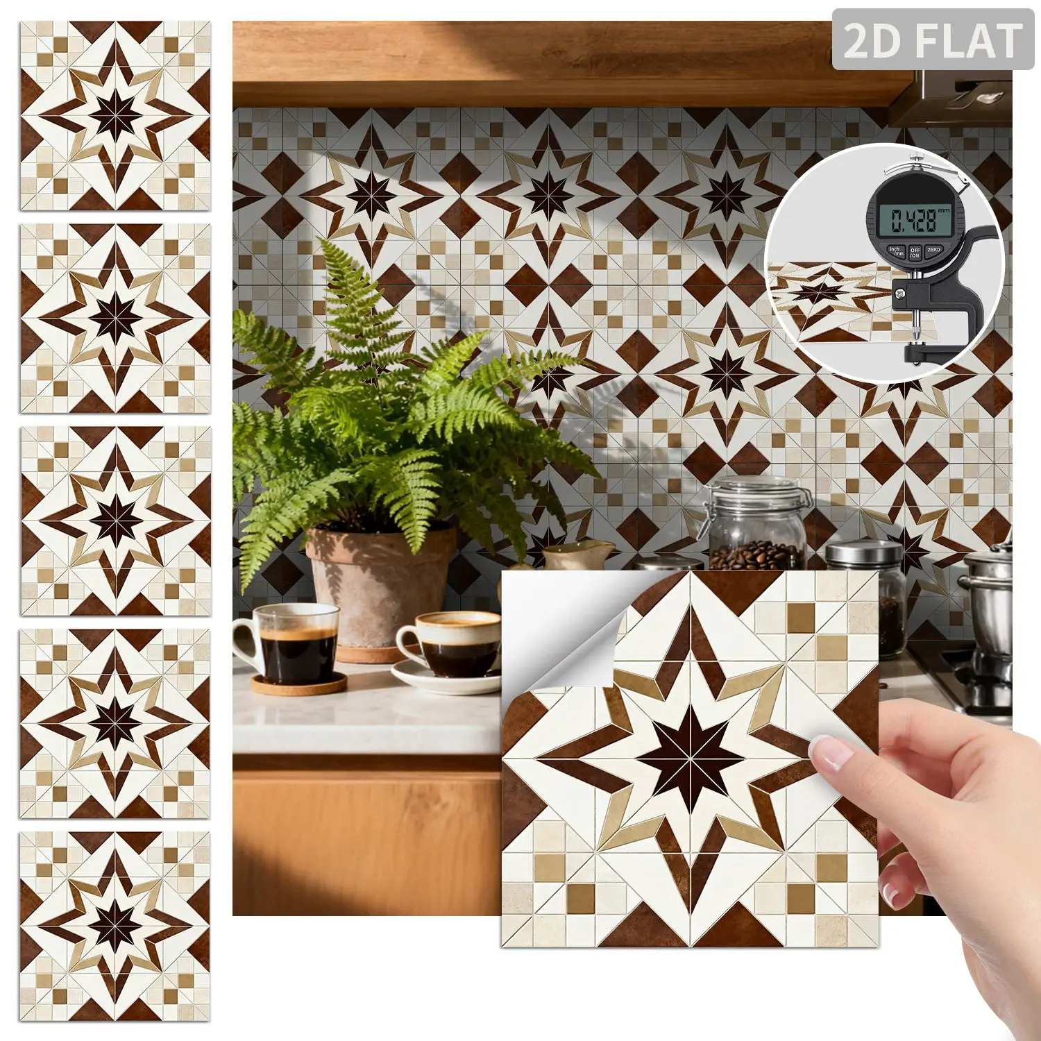 24PCS FHZ Brown White Octagon Star Vintage Tile Stickers PET Matte Peel and Stick Backsplash Waterproof Oil Proof Wall Decor for Kitchen Bathroom