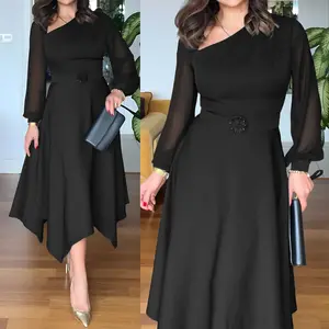 ChicMe One Shoulder Long Sleeve Casual Beaded Mid-Calf Dress/Fabio Dress for Wedding Guest & Wedding