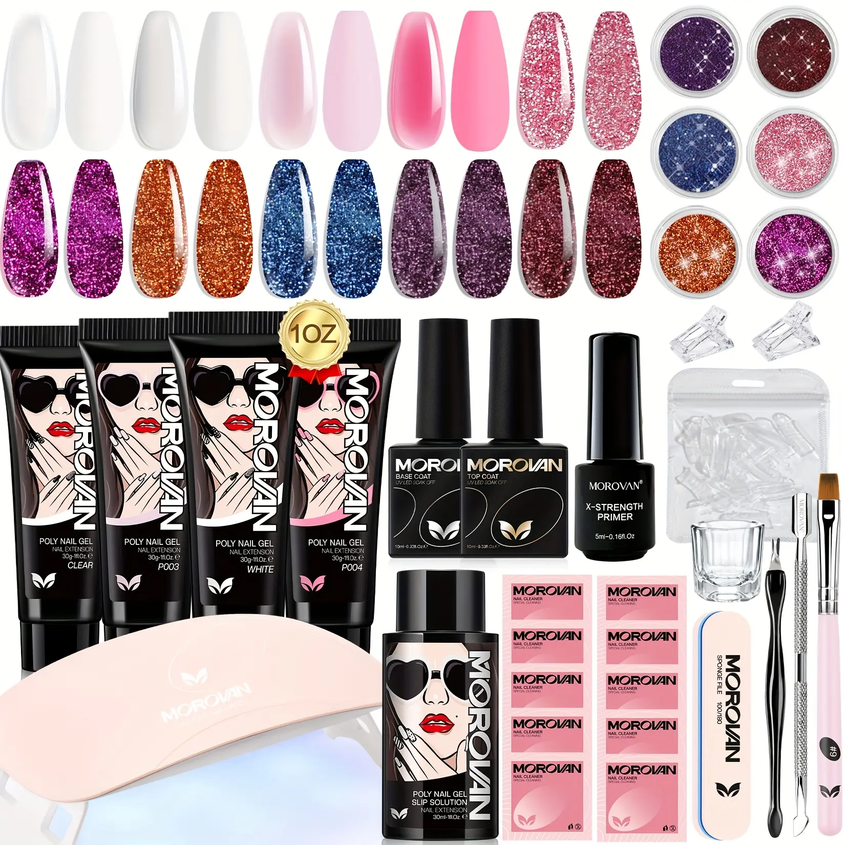 Morovan Poly Gel Nail Kit, Poly Nail Extension Gel Kit, UV LED Nail Lamp, Slip Solution, Primer Base Top Coat, Glitter Powder Dual Nail Forms Complete DIY Manicure Kit for Home Salon Beginners