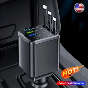 7-in-1 Fast Car Charger: 70cm Retractable Cables, PD/QC3.0 Ports, 180° Adjustable. Real-time Voltage Monitor & RGB Light. Universal Car Accessories for iOS/Android. Perfect Road Trip Essential for Fast, Organized Charging!