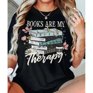 Cotton Tshirt with 'Books Are My Therapy' Quote and Books Design for Book Lovers