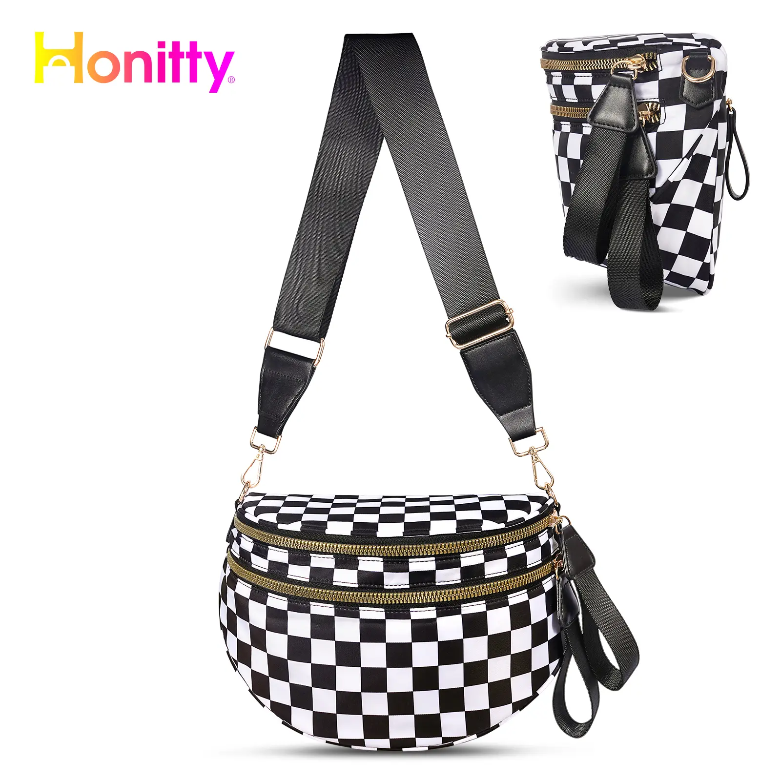 HONITTY Women's Checkered Crossbody Bag - Abrasion Resistant Aesthetic Nylon Everyday Shoulder Bag, Large-Capacity Athletic Waist Wallet with Adjustable Strap, Trendy Versatile for Casual Outings, Travel, Everyday Bag