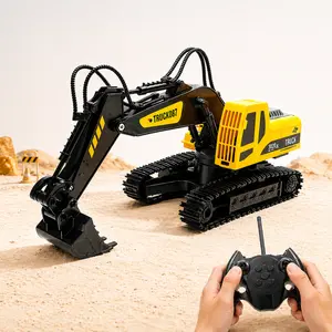 6 Channel Remote Control Excavator Toy, RC Construction Truck with Alloy Digging Bucket, 180° Rotating Crawler Excavator Vehicle with Rechargeable Battery for Kids