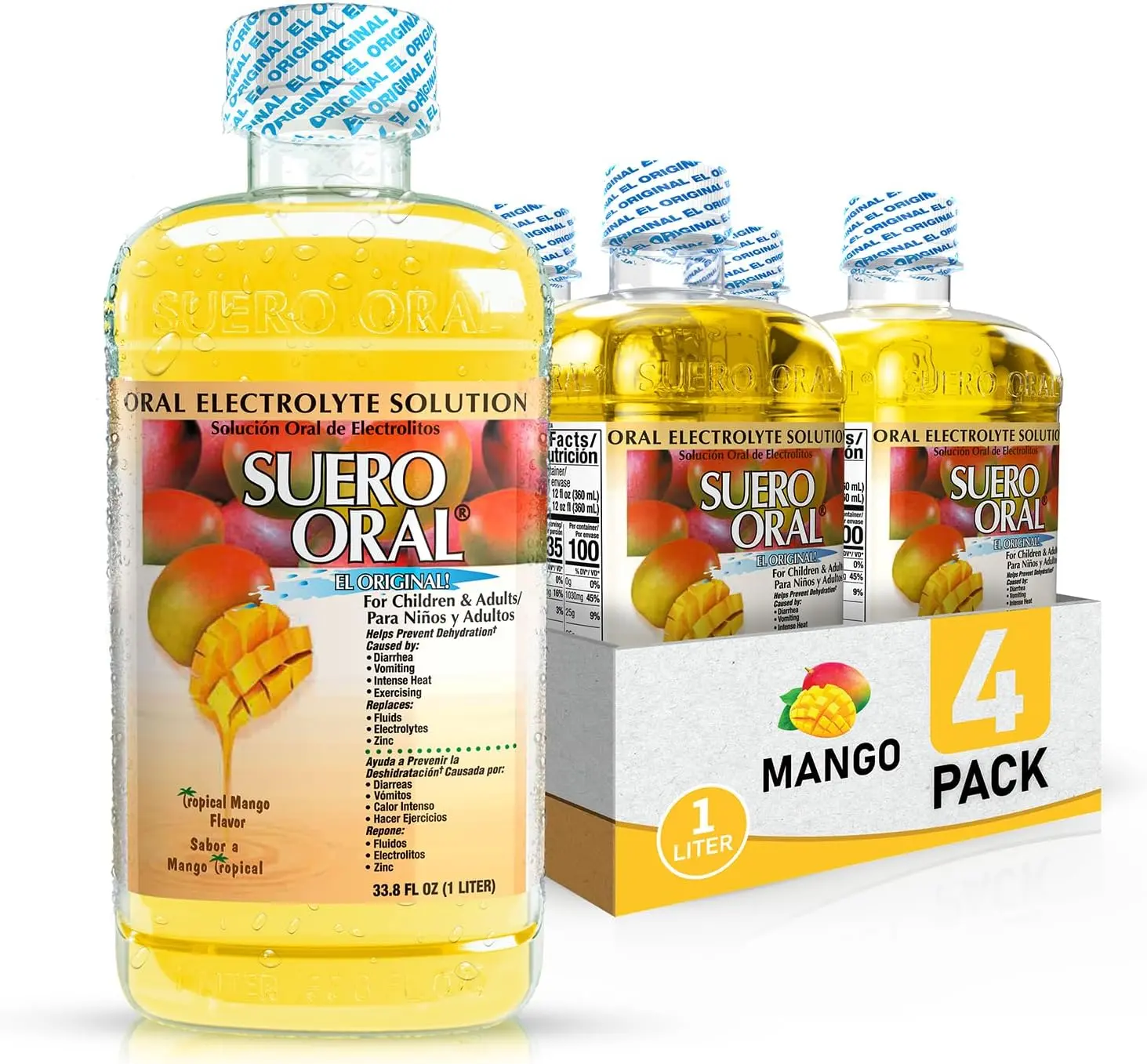 Suero Oral -Electrolyte Solution - Mango- 4 Pack - Electrolytes Drink, Hydration Booster & Rehydration Drink for Kids & Adults, Hydrates, Replenishes, Energizes, Mango Flavor, 1 Liter