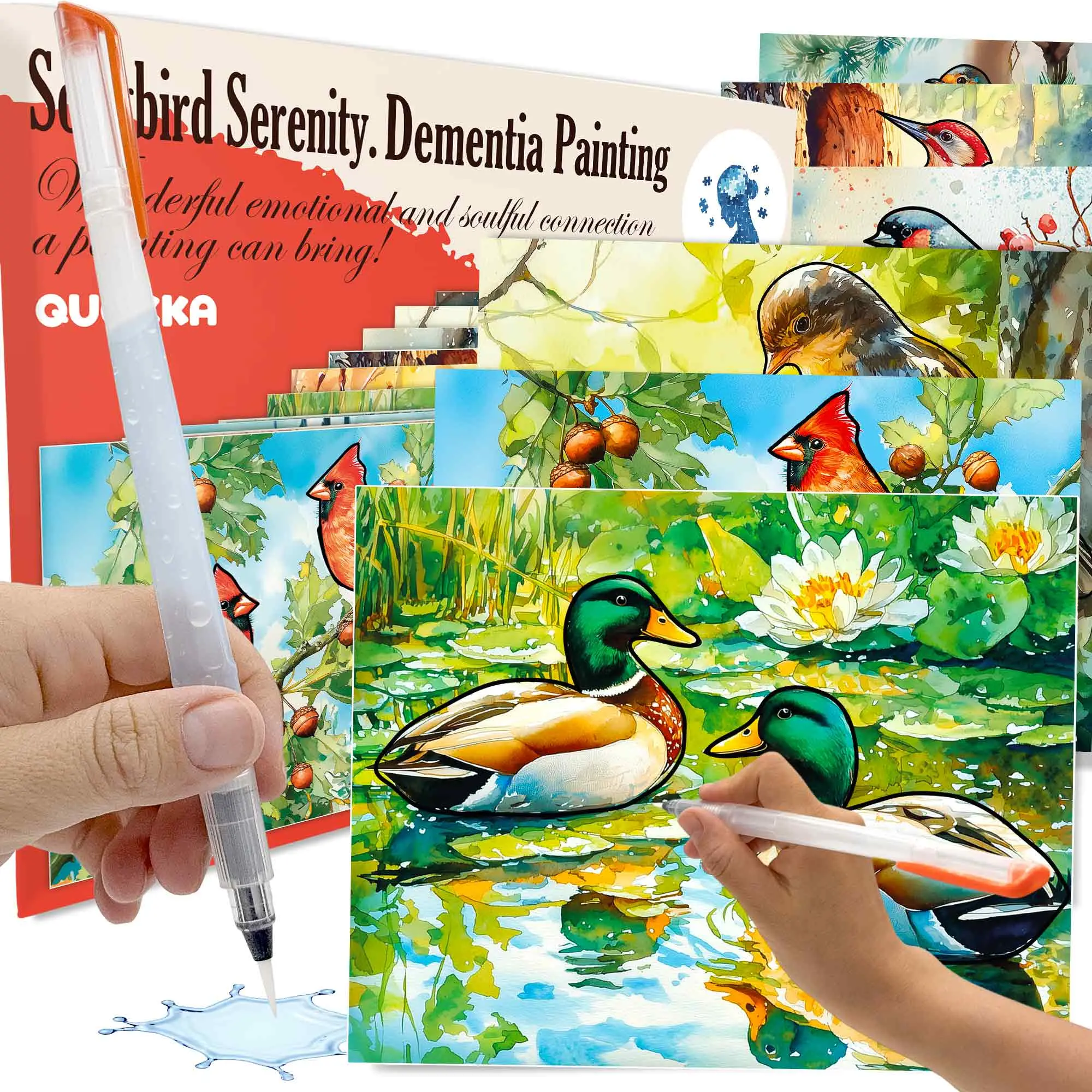QUOKKA Reusable Water Doodle Set - Water Paint Memory Aid with Bird-Inspired Artwork, Bird Theme, 10 Pictures for Seniors with Dementia-Alzheimer’s (Arts & Crafts Educational Toy), Adults