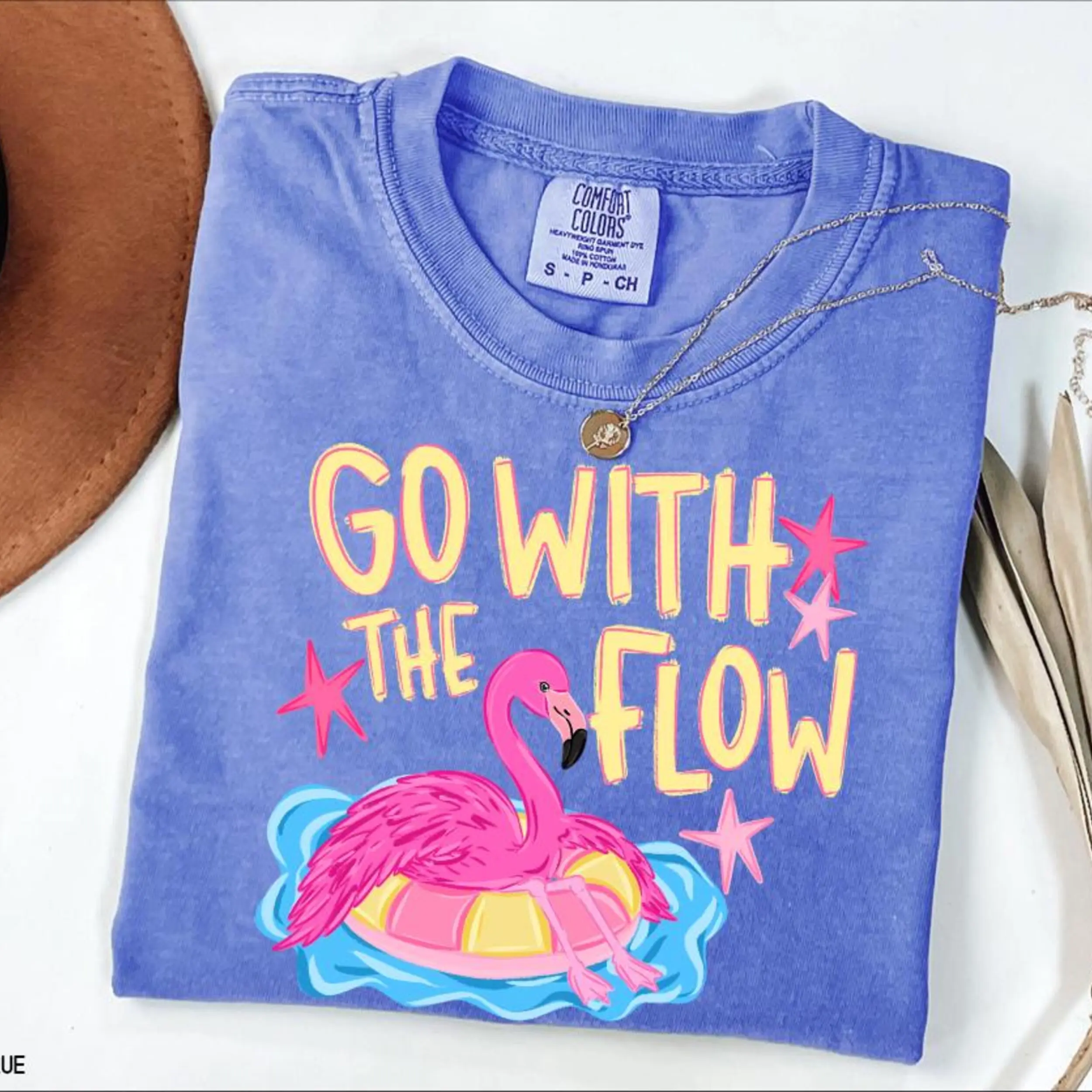 Comfort Colors Go With The Flow Flamingo Y2k Graphic Tee, Funny Summer Lake Life Beach Vacation Floating Unisex T-Shirt - Perfect Gift for Fans