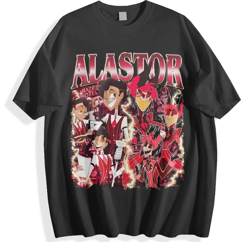 Alastor Hazbin Hotel Character T-Shirt, Retro Cartoon Graphic Tee, Gothic Animation Fan Apparel, Unisex Soft Cotton Shirt