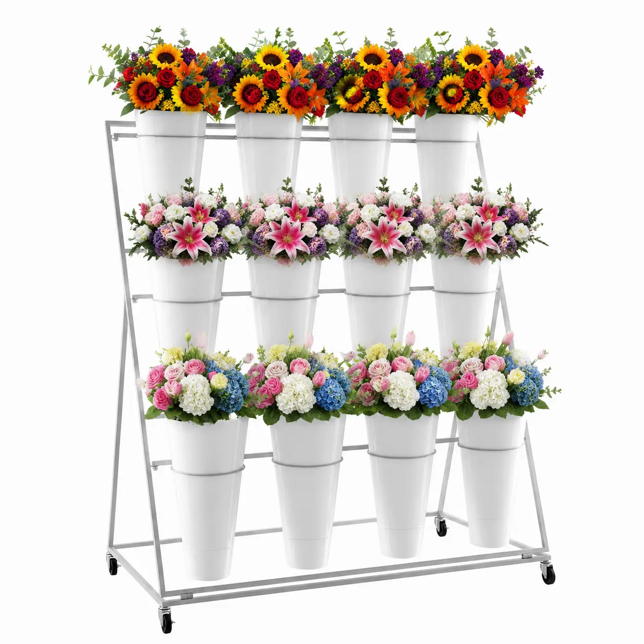 3-Layer Multifunctional Metal Frame Mobile Cart Flower Display Rack - 12 Buckets, 4 Wheels with Brakes, Ladder Design Wrought Iron Space Saver Plant Organiser, Ideal for Florists, Clubs