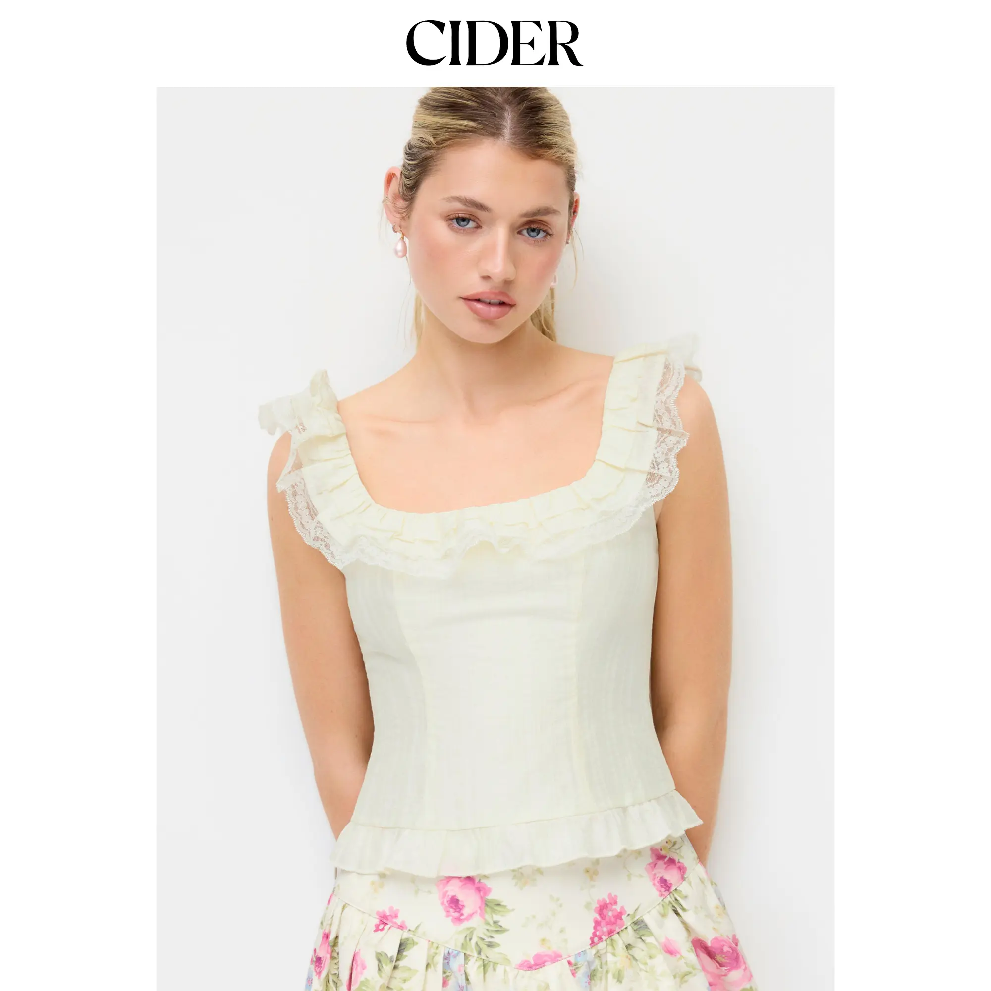 Cider Women's Sleeveless Square Neck Cream Crop Top - Ruffled, Smocked, Lace Trim Design