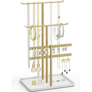 Jewelry Holder Organizer, 12.5'' Tall Sturdy Metal Stand, 3-Tier Jewelry Hanger for Necklace, Earring, Bracelet, Ring, for Display and Storage, Aesthetic Room Decor, Gold Jewlery Tree with White Tray