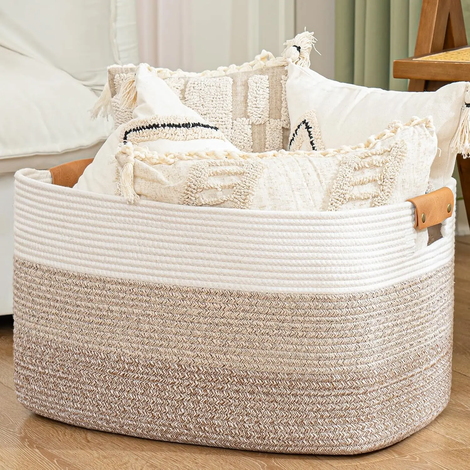 Blanket Basket 72L Woven Storage Basket with Leather Handle, Eco-friendly Decorative Storage Organization for Bathroom & Living Room for Towels, 22''*17''*11.8'', Gradient Brown