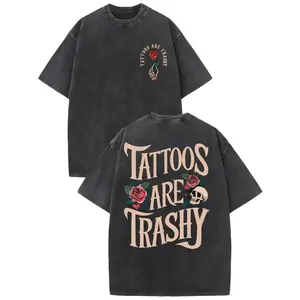 [Vintage T-Shirt] High Quality Vintage Wash Style Men'S Double-Sided Printed T-Shirt, Tattoos Are Lowbrow, Summer Wear, Drop Shoulder Sleeves Round Neck Short-Sleeved Top
