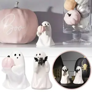 1pc Vintage Resin Ghost Figurines with Bat and Pumpkin - Collectible Halloween Decor Statues for Home & Party Display - Ideal Gift for Halloween Lovers - Suitable for Living Room, Bedroom, Office - No Electricity Needed