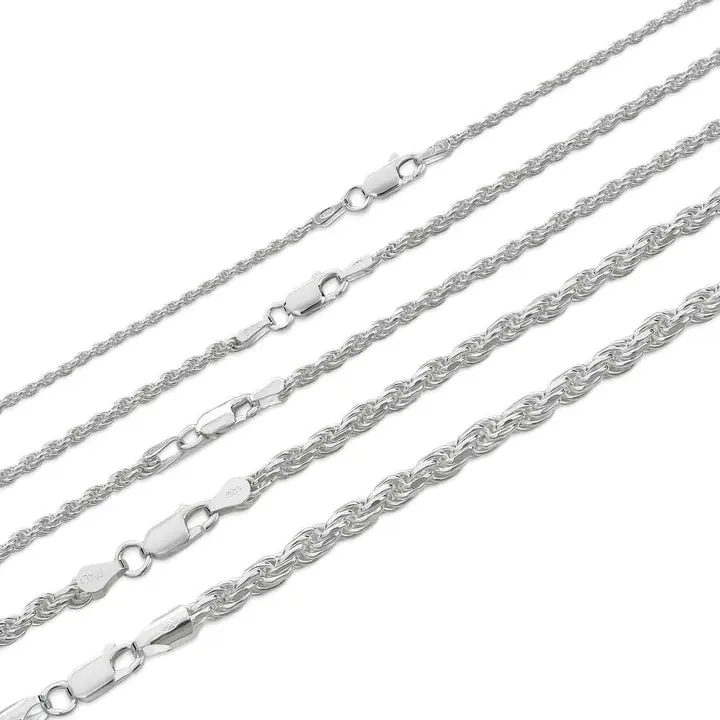 925 Sterling Silver Rope Chain Necklace - 1.5mm-5mm Thickness - 16"-30" Length