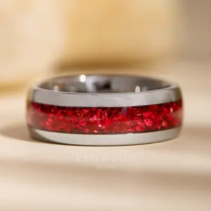 Silver Tungsten Ring with Red Lab-Created Garnet Inlay - 8MM