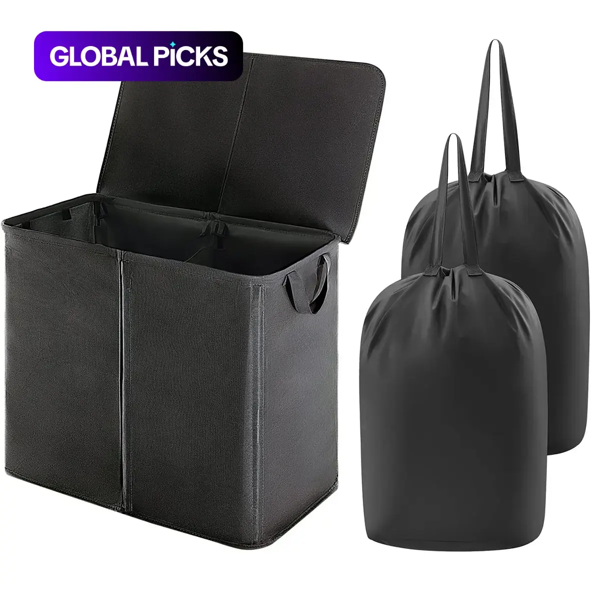 Double Laundry Hamper with Lid, Collapsible Laundry Basket Set with 1 Large Dirty Clothes Hamper and 2 Removable Laundry Bags for Bedroom, Bathroom and Dormitory, College Laundry Baskets #GLOBAL PICKS