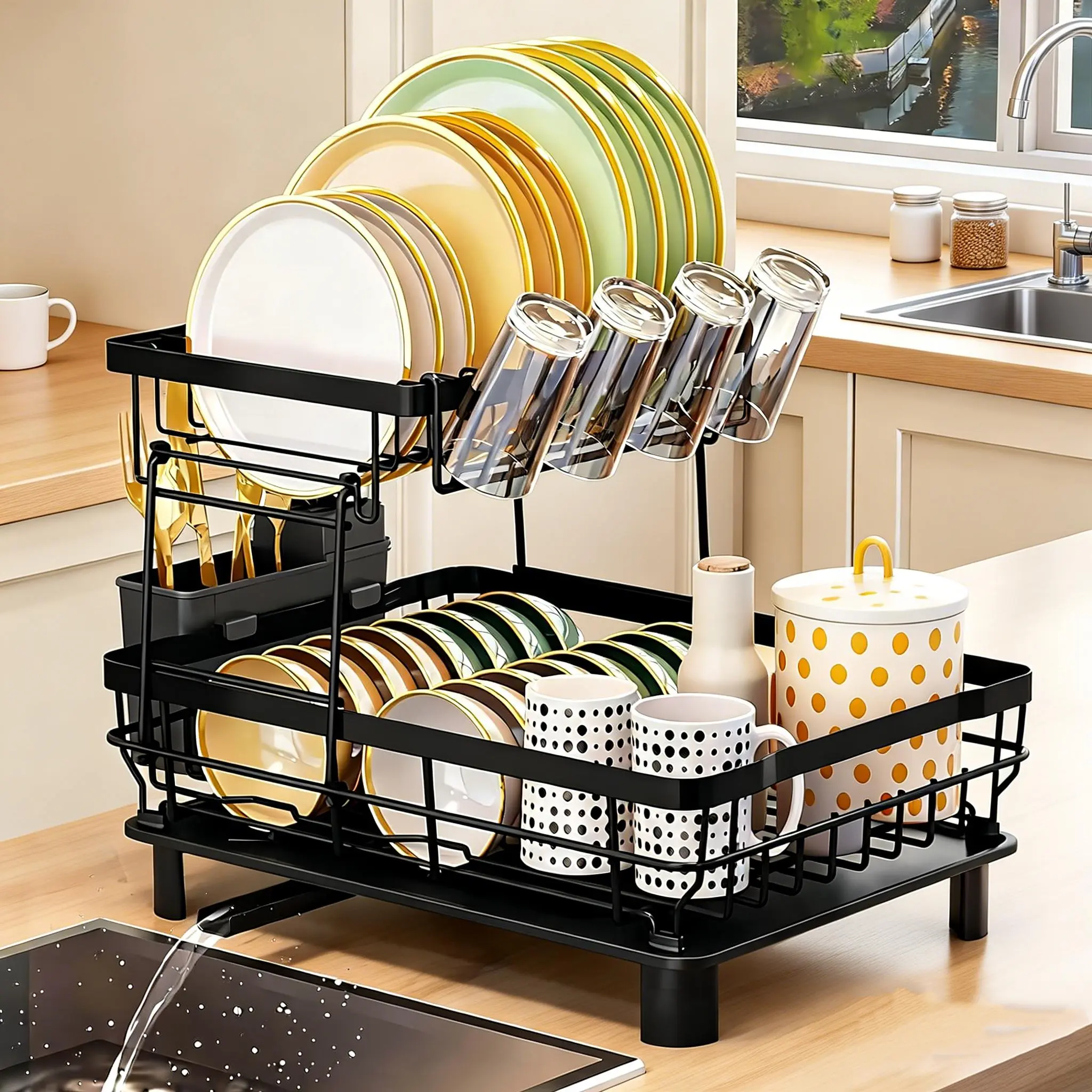 2 Tier Dish Drying Rack with Drainboard Iron DishDrainers Kitchen Counter Sink with AdjustableSpout Utensil Holder Knife Slots dish dryer rackRustproof Board Durable Easy assembly perfectsize Great value sturdy classy Organiser Mother'sDay Gift Black