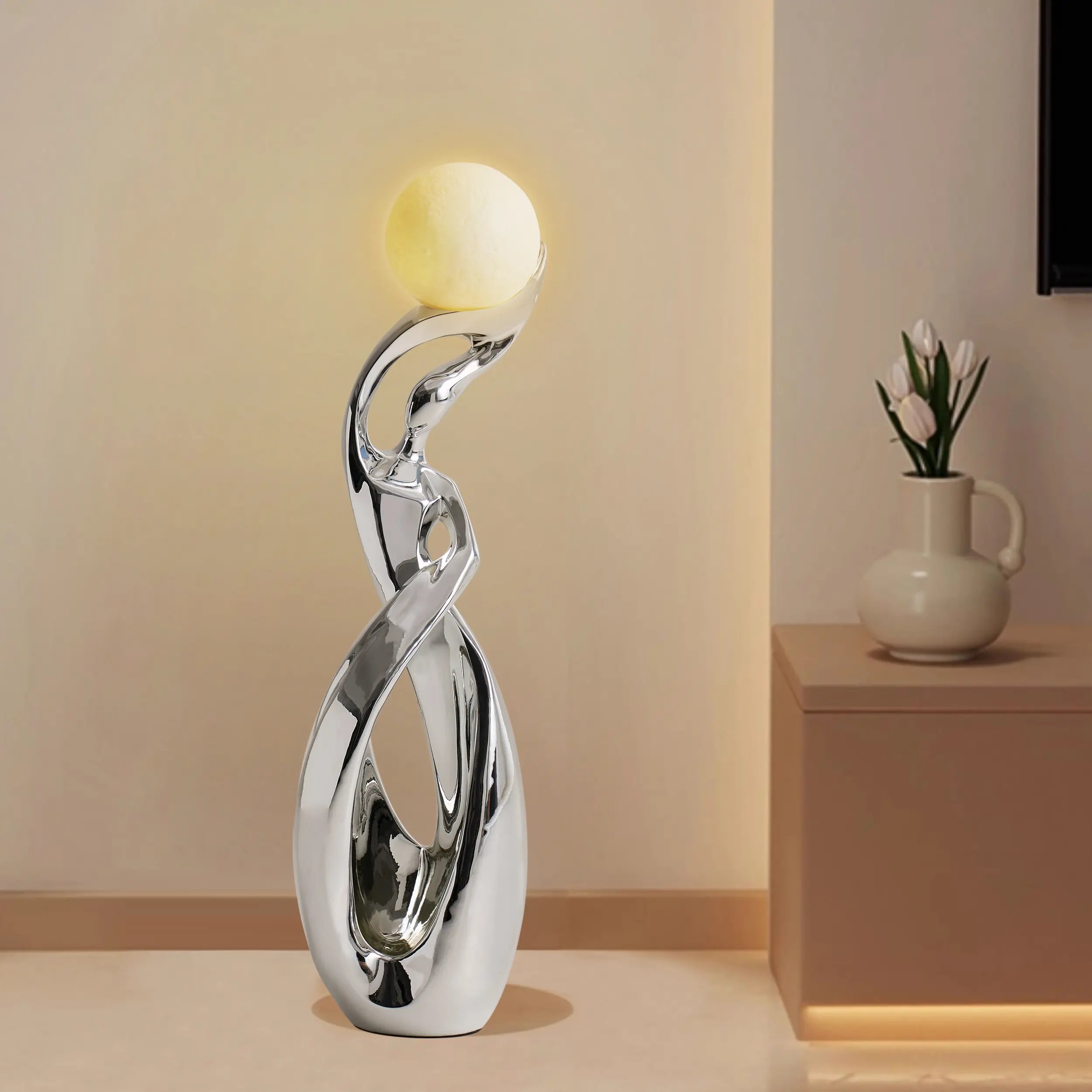 Homary 9"x32" Silver Reflective Resin Ornament - Plug-In Corded LED Color Changing Illuminated Sphere, Modern Style Ornament, Multi-Function Home Decor for Home Office, Indoor Room, Livingroom Decor & Accessories