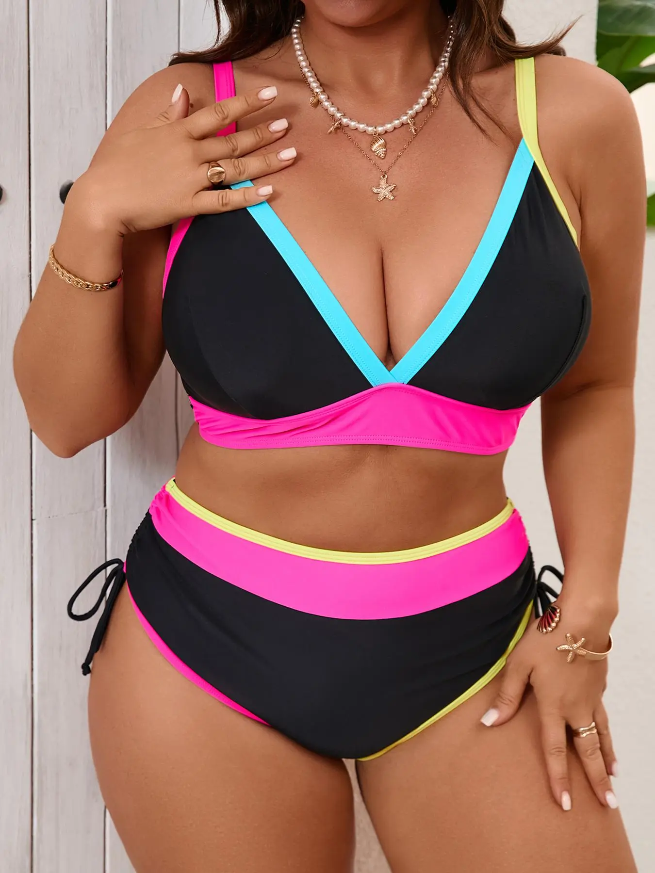 Two-Piece Set Plus Size Colorblock Bikini Set, Casual Fashion Chic Swimsuit for Beach Holiday Vacation, Women's Swimwear for Summer, Two Piece Swimsuits