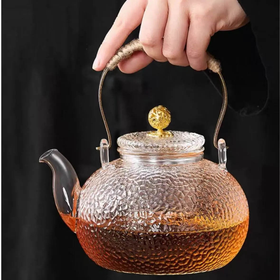 Glass Tea Pot 900ml/30oz Kitchen Teakettle with Non-Dripping Spout, Brass Handle