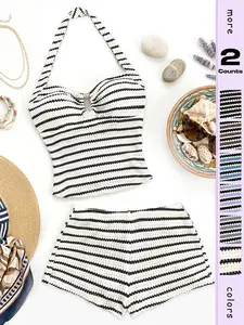 Women's Summer Two-Piece Set Striped Halter Top Mini Shorts, Casual Beach Vacation Wear, Stylish Ladies' Clothing