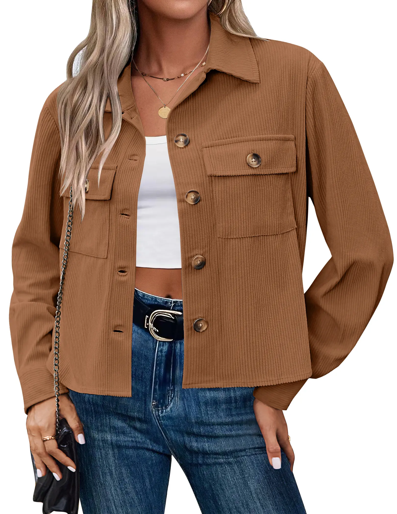 Women's Casual Corduroy Jacket, Cropped Long Sleeve Button Down Shacket, Lightweight Trendy Fall Top, Coats, Basic, Polyester
