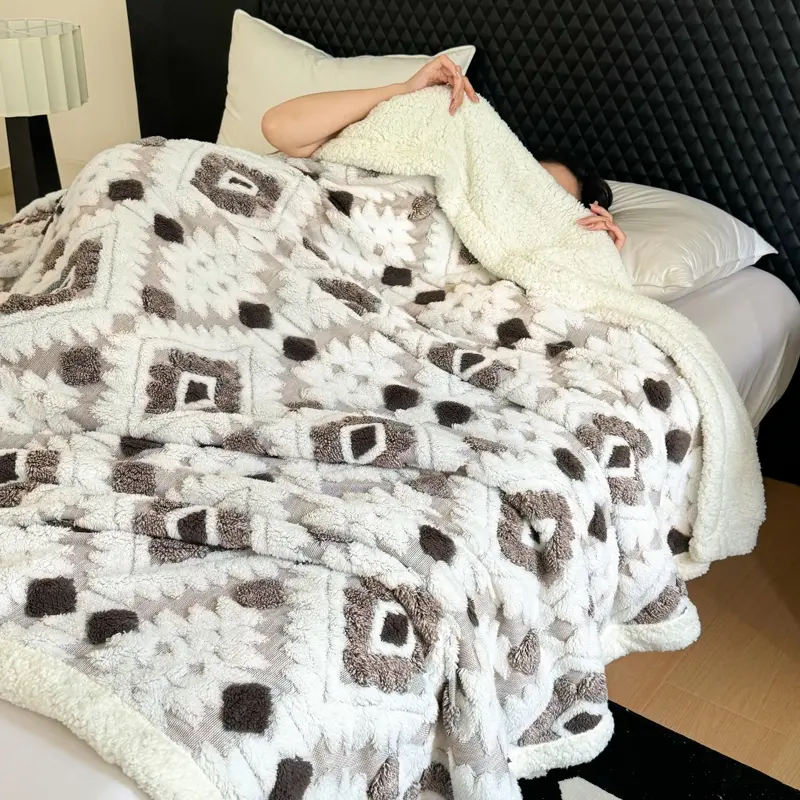 Luxury Bohemian Wave Blanket, Thick Geometric Pattern Decorative Throw, Bedroom & Living Room Use, Foldable Portable Nap Mat, Soft Blanket Throw