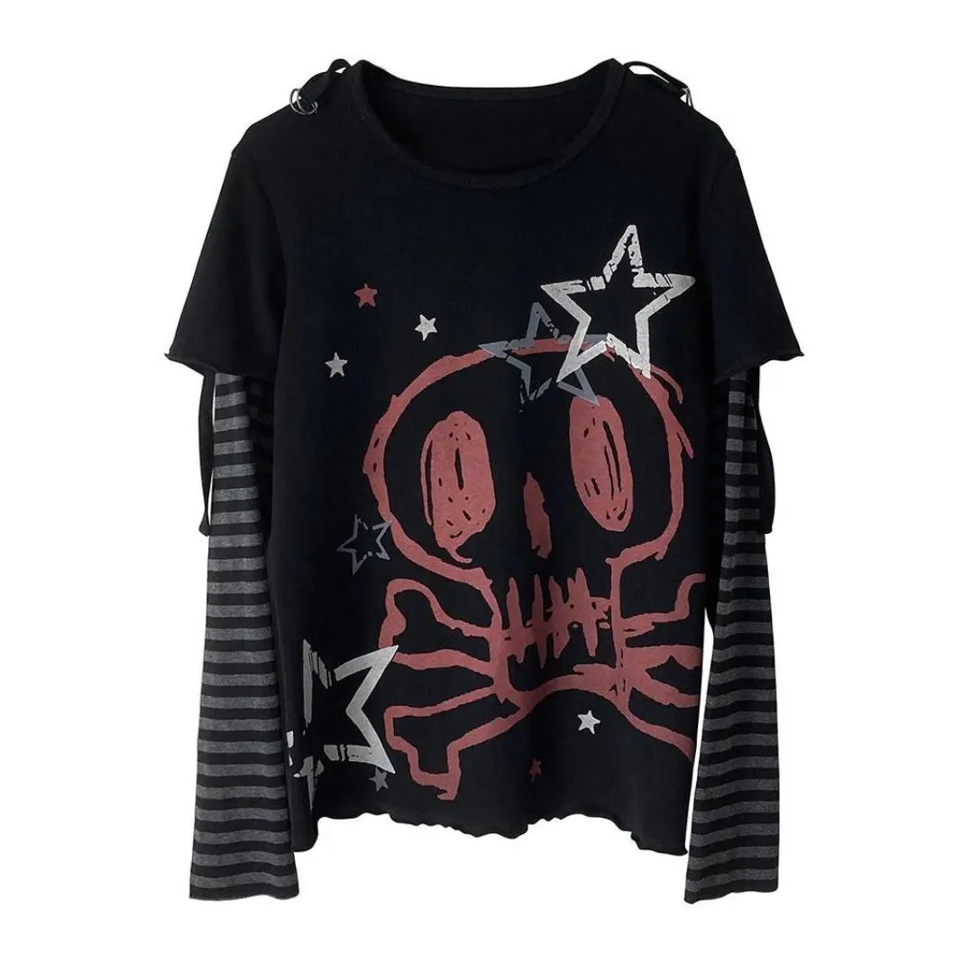 Y2k T-shirt Skull Goth Punk Long Sleeve Top Cartoon Graphic Streetwear Women Gothic Clothing Women's Jacket Spring Autumn Tees