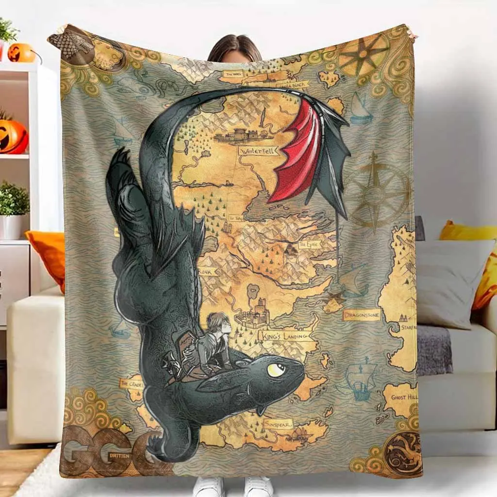 Fantasy Dragon Rider Flannel Blanket， Vintage Map Illustration Print， Soft Cozy Lightweight Warm Throw， Perfect for Bedroom Living Room Sofa Home Décor Travel Gift tiktokshopspringglowup