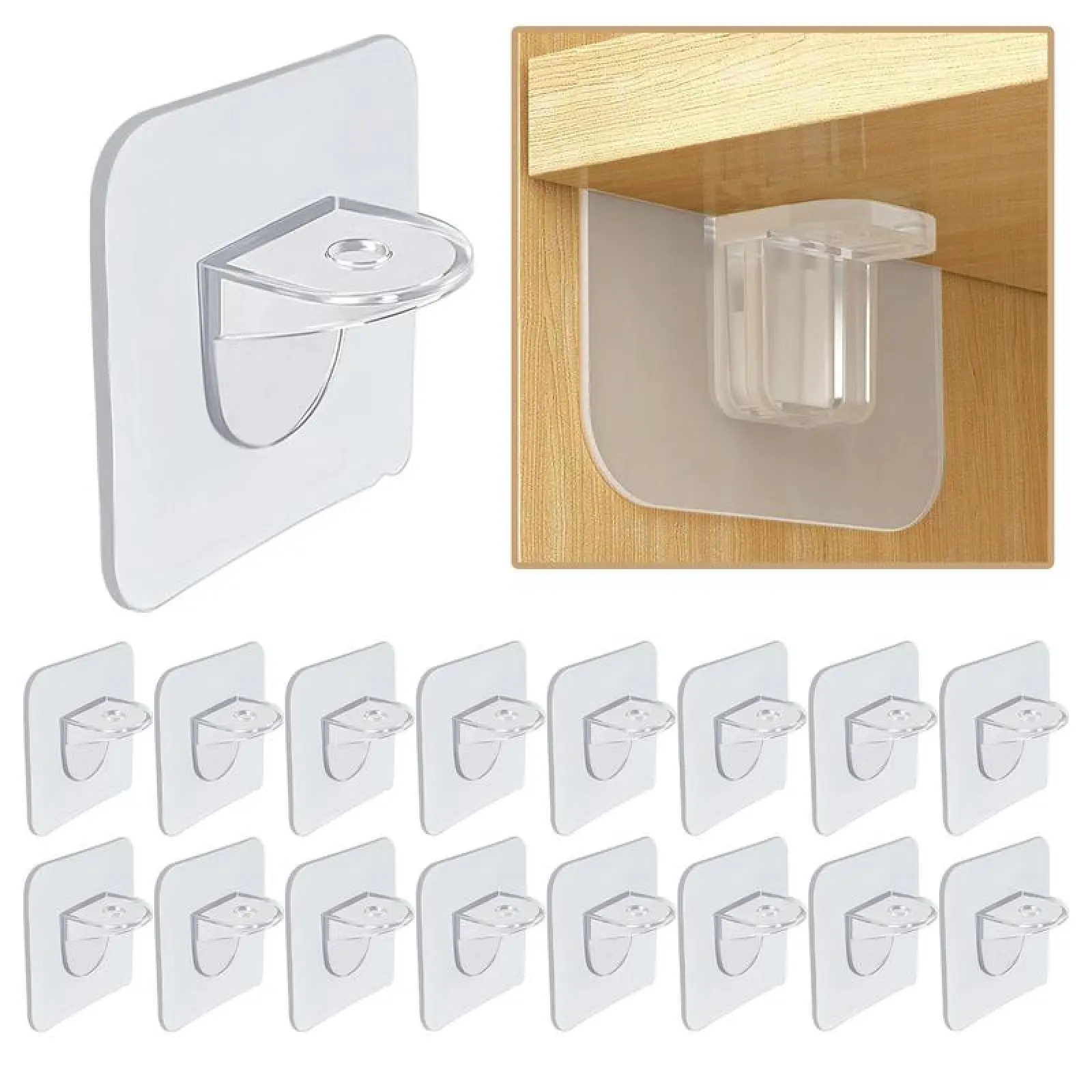 Self-Adhesive Split Transparent Plastic Shelf Pegs - High-Strength Free-Hole Wall-Mountable Brackets, Space-Saving Organiser for Kitchen, Cabinet Shelving