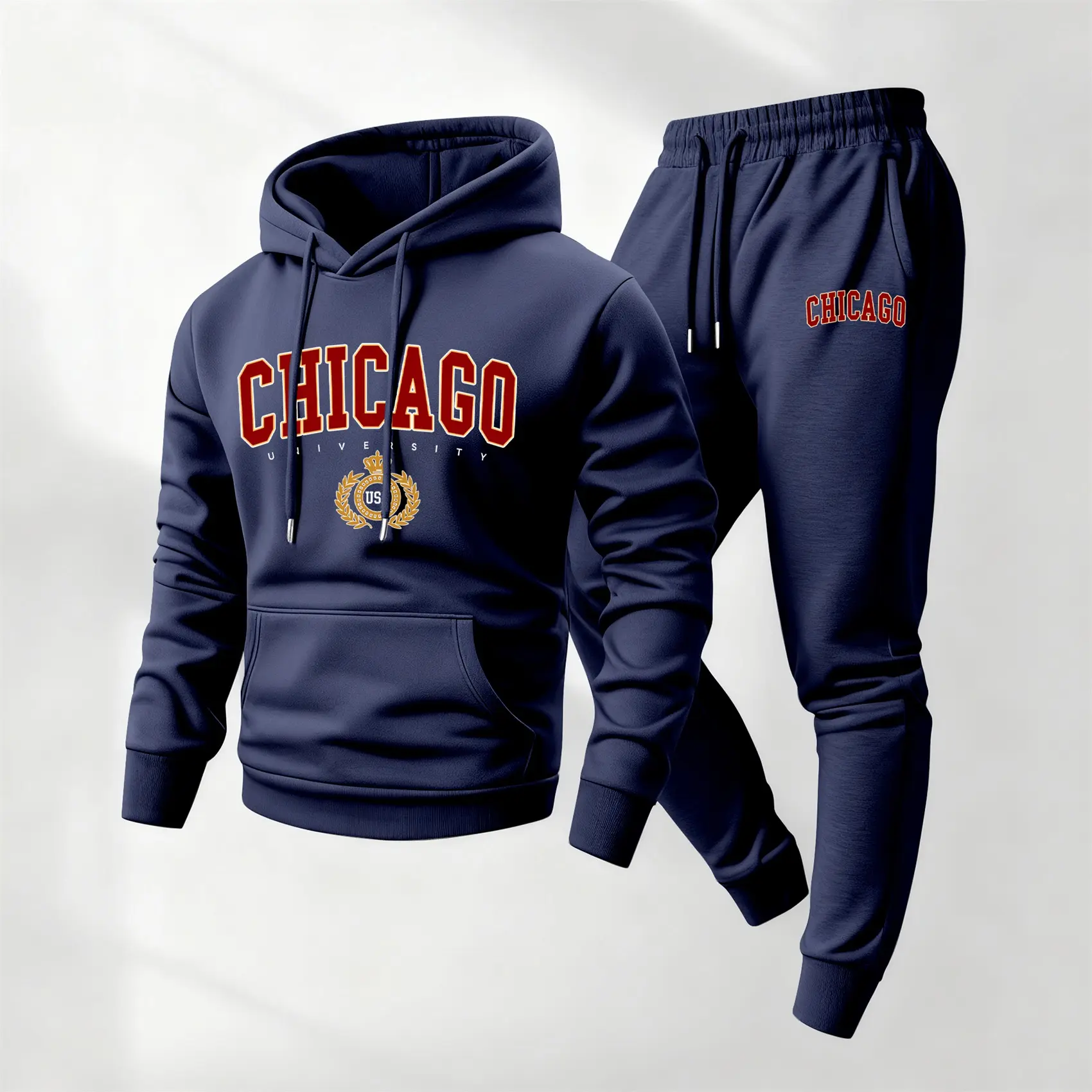 Men's Tracksuit Set, 2-Piece Casual Athletic Wear with Chicago Print, Soft Polyester Hooded Top and Sweatpants, Loose Fit Loungewear, Longsleeves, Casual Fit, Male, Casual Outing
