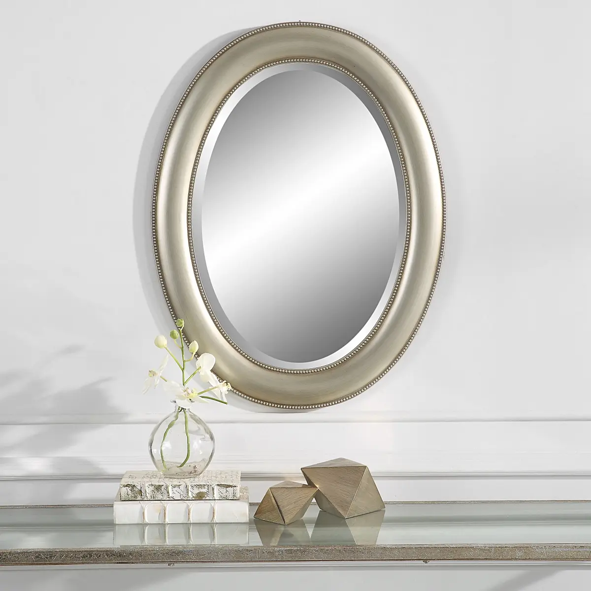 212 Main Oval Beaded Antique-Look Wall-Mounted Mirror - Metallic Silver, 22x29x1 in, Beveled Edge, Wall Mount, Horizontal-Vertical Mountable, Beaded Details, Home Decor