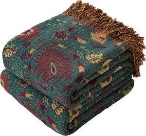 Boho Throw Blanket  Size, Soft Cozy Cotton Muslin Quilt Blanket for Bed Decor, Floral Patterned Couch Sofa Chair Cover,  Farmhouse Cottage Tapestry Woven Blanket, Green&Orange