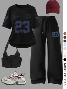 Y2K American School Girl Back-To-School Set, 23 Number Sport Two-Piece, Sporty Round Neck, Casual Style, Soft Cotton Fabric, Multiple Colors Available