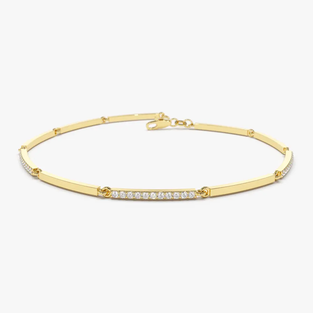 14k Solid Gold & Pave Diamond Bar Bracelet