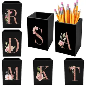 Flower & Letter Pattern Pencil Holder, 1 Box Acrylic Pencil Pen Holder, Makeup Brush Storage Organizer, Desk Accessories Holder, Desk Organizer Tidy