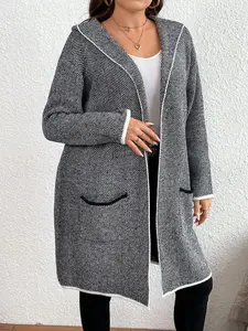 USEEN Women's 2026 New Fall Hooded V-Neck Long Sleeve Herringbone Knit Cardigan Top - 1-Piece with Contrast Binding, Dual Pockets, Casual Women's Knitwear Essential for Everyday Wear