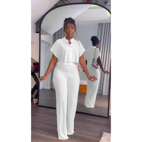 Women's 2-Piece Polyester Collared Beach Lounge Set - Casual Cropped Short-Sleeve Button-Down Top, Elastic Loose Wide-Leg Long Trousers, Chic for Dating, Evening, Party with Great Wearing Experience