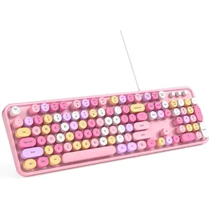 Keyboard Wired, Plug and Play USB Retro Round Typewriter Keyboard, Full Size Wired Keyboard with Foldable Stands for Laptop and Office PC-  Colorful