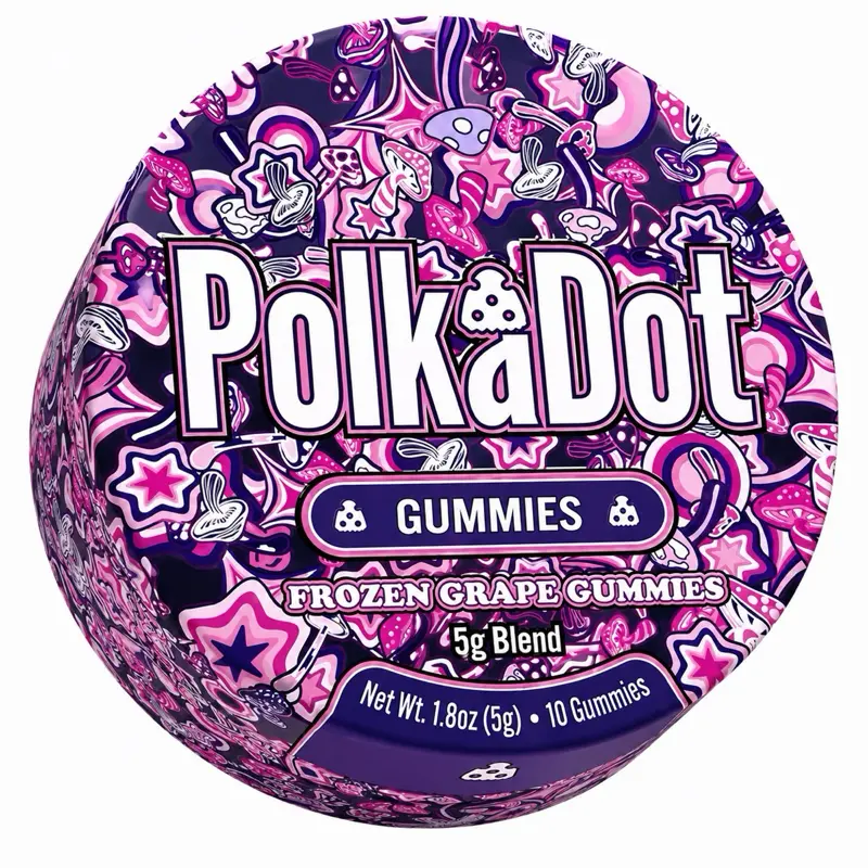 Polkadot Frozen Grape Gummies, 10 Count, High Potency Plant-Based Mushroom Gummies, Soft Chewy Gummies, 100% Organic Ingredients, High-Quality Formula, Freshness-Sealed, Secure Reusable Metal Tin, Travel-Friendly Packaging, Proudly Made in USA