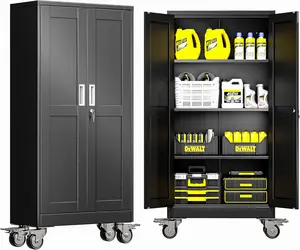 Modern Lockable-Wheeled Garage Storage Cabinet, Waterproof Slim Movable Tool Organizer with Multiple Adjustable Shelves, Available in Multiple Sizes, Suitable for Garages, Warehouses